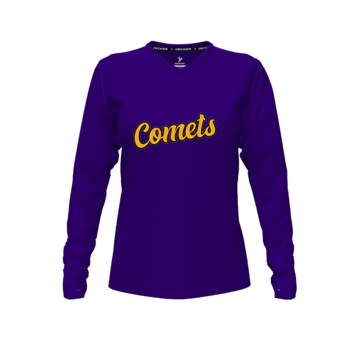 [CUS-DFW-TEES-CMF-VNK-LSL-PUR-FYXS-LOGO1] Decker Comfort T-Shirt (Female Youth XS, Purple, V Neck, Logo 1, Long Sleeve)