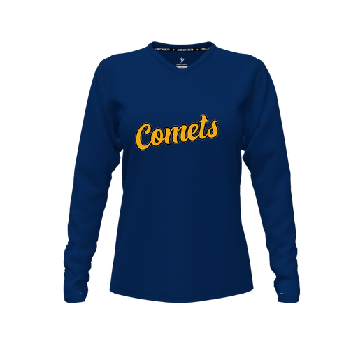 [CUS-DFW-TEES-PER-VNK-LSL-NVY-FYXS-LOGO1] Performance T-Shirt (Female Youth XS, Navy, V Neck, Logo 1, Long Sleeve)