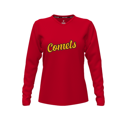 [CUS-DFW-TEES-PER-VNK-LSL-RED-FYXS-LOGO1] Performance T-Shirt (Female Youth XS, Red, V Neck, Logo 1, Long Sleeve)